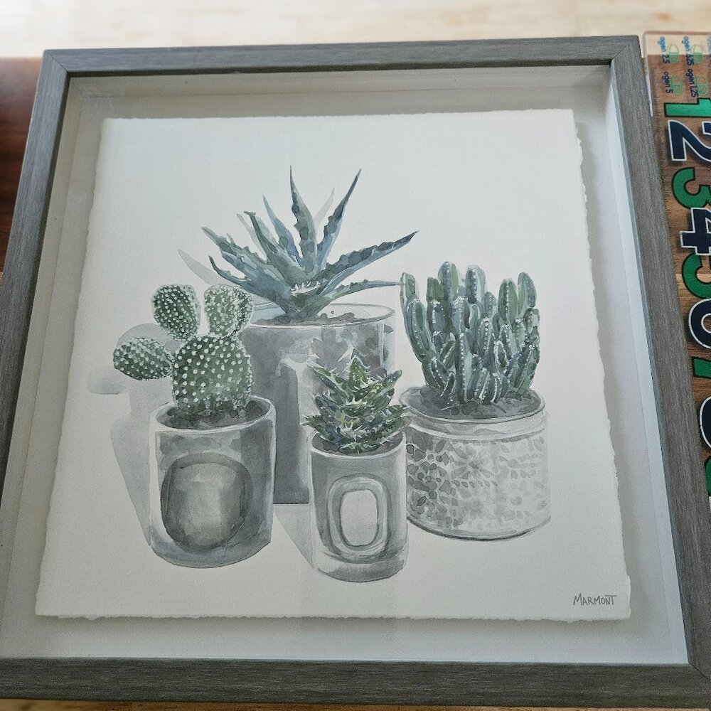 nice, framed cactus print signed marmont 12 inches square